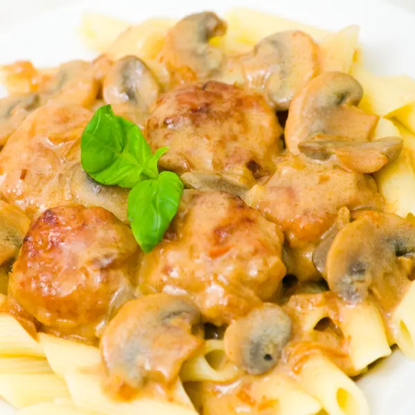 Italian Penne Pasta with Meatballs and Mushrooms