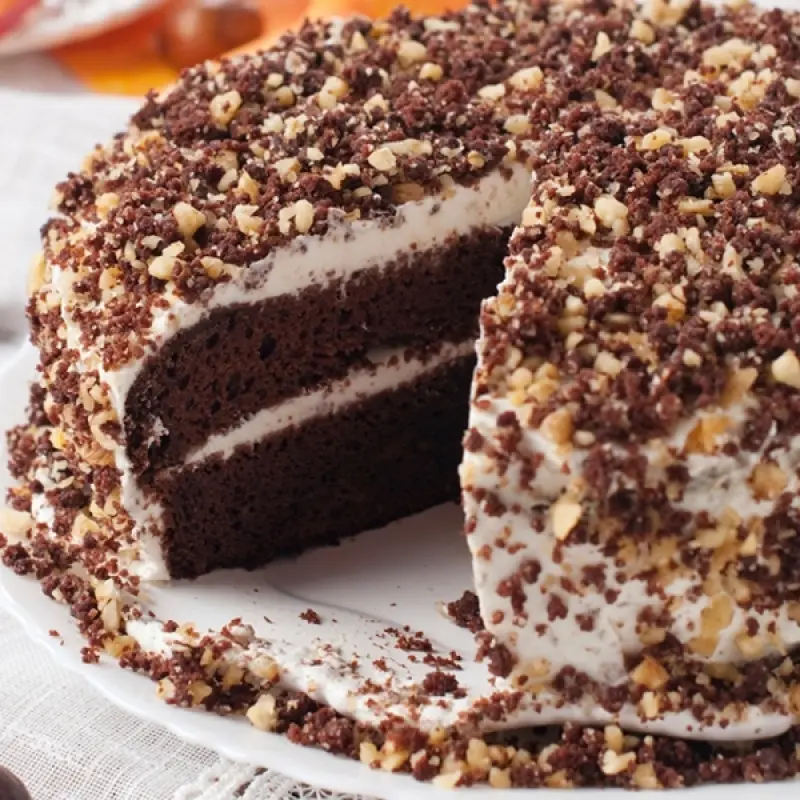 Chocolate Cake With Crumbs and Walnuts