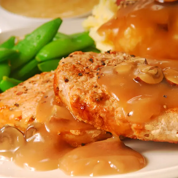 Baked Seasoned Pork Cutlets with Mushroom Gravy