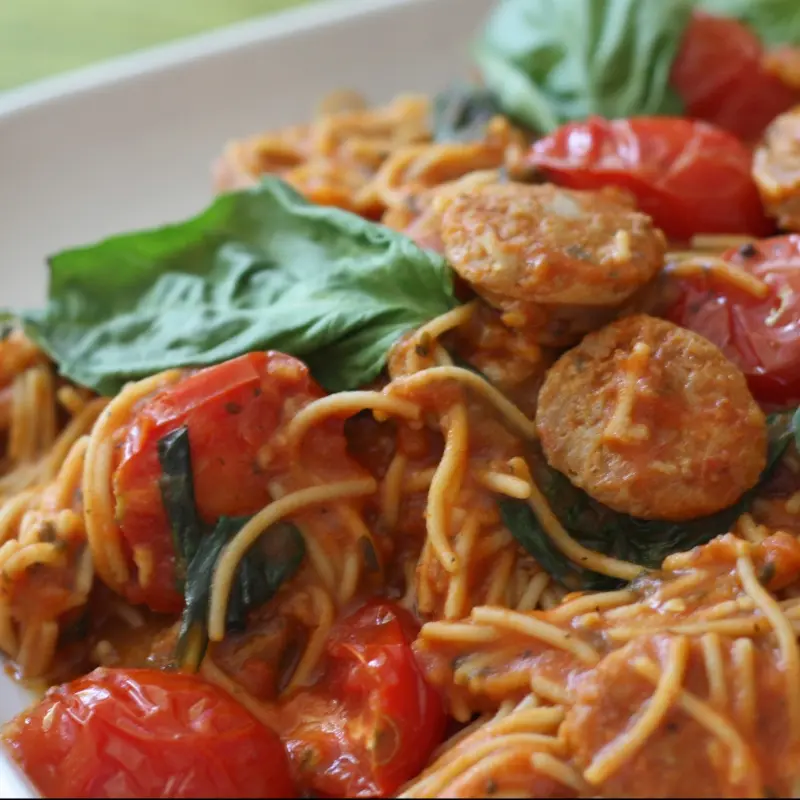 Tomato Basil Angel Hair Pasta with Italian Sausages