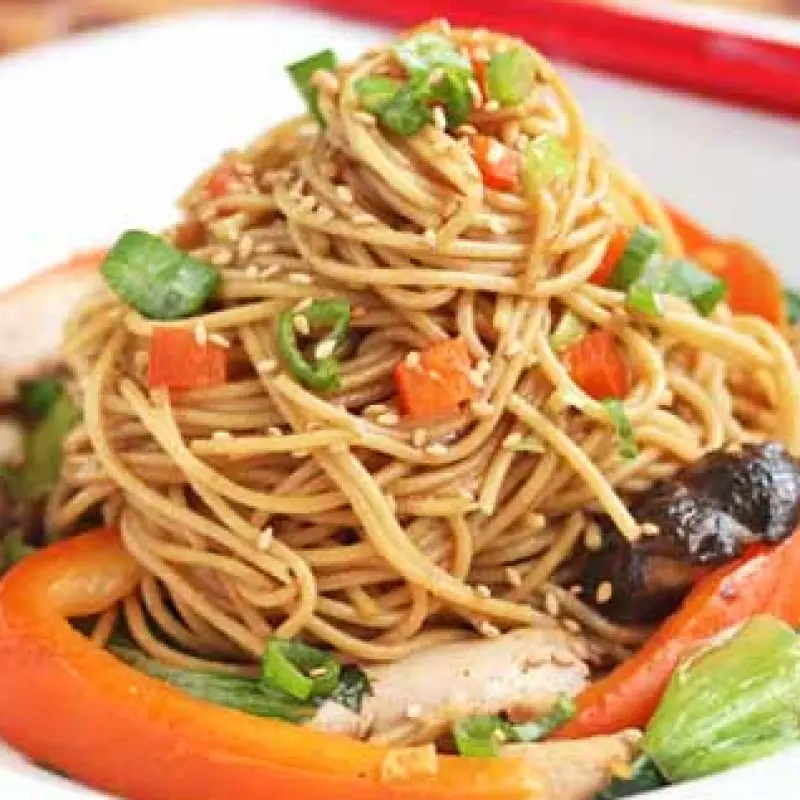 Stir-Fry Noodles with Chicken, Shitake Mushrooms and Chinese Vegetables