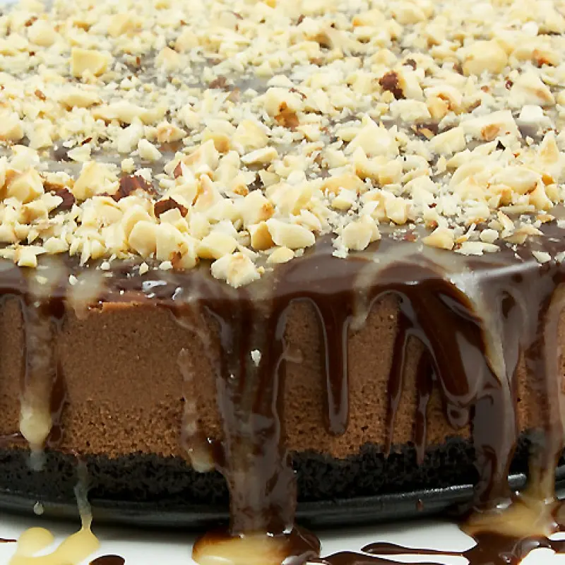 Chocolate Cheesecake with Chocolate Sauce, Butter Caramel Sauce and Hazelnuts