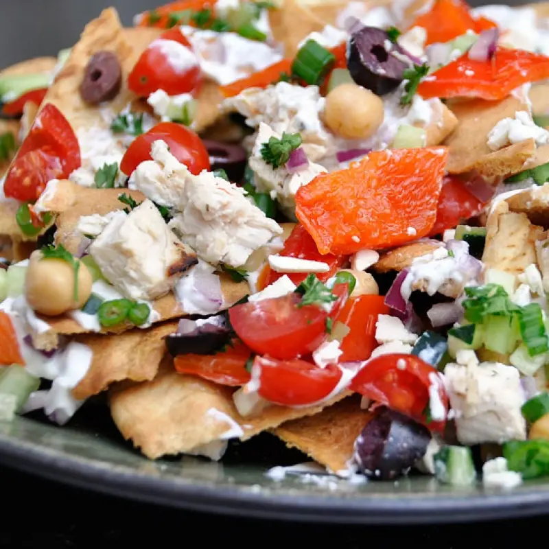 Greek Nachos Recipe and Homemade Baked Pita Chips