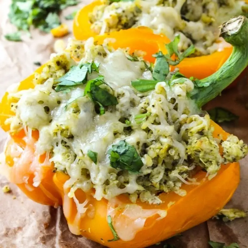 Quinoa Chicken Pesto Stuffed Peppers