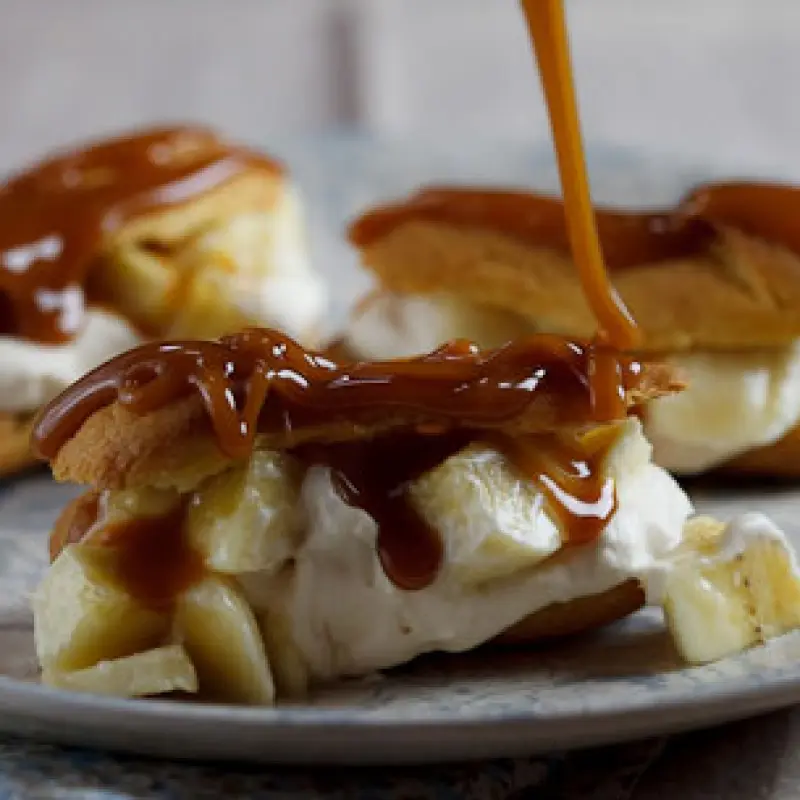 Mini Eclairs with Salted Caramel and Fresh Bananas