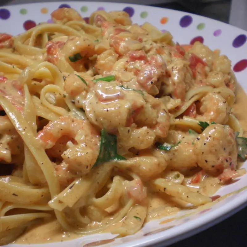 Shrimp and Pasta in a Tomato Chile Cream Sauce