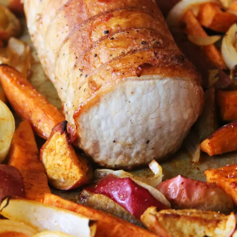 Pork Roast with Sweet Potatoes Apples and Onions