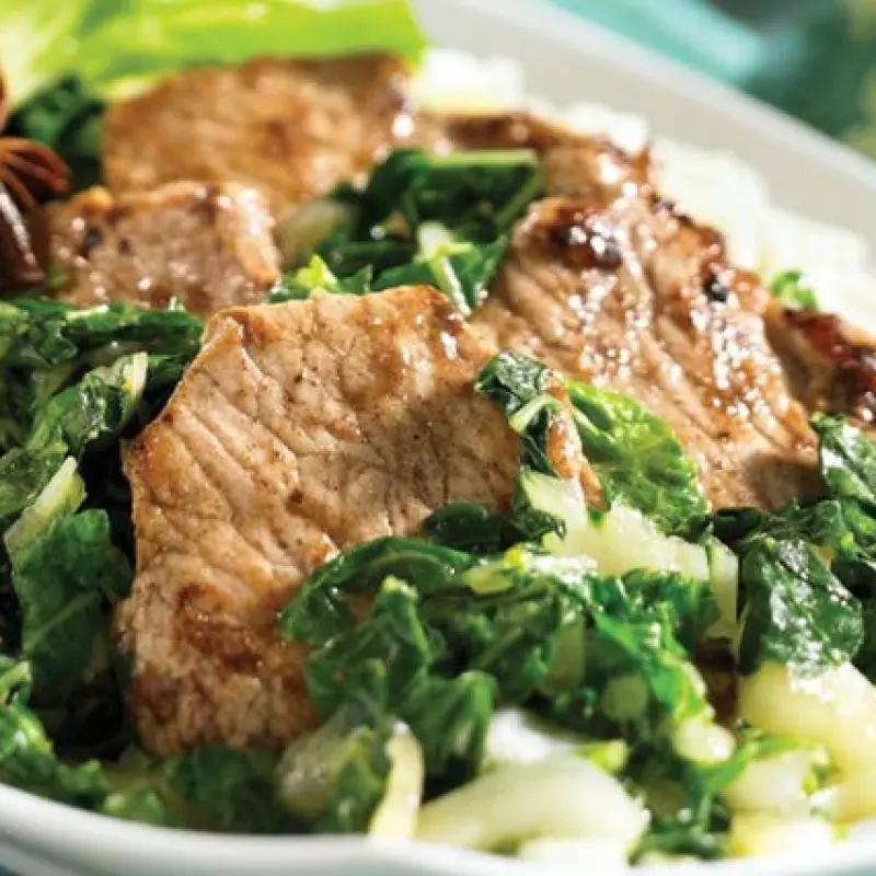 Five-Spice Pork with Bok Choy and Green Onions