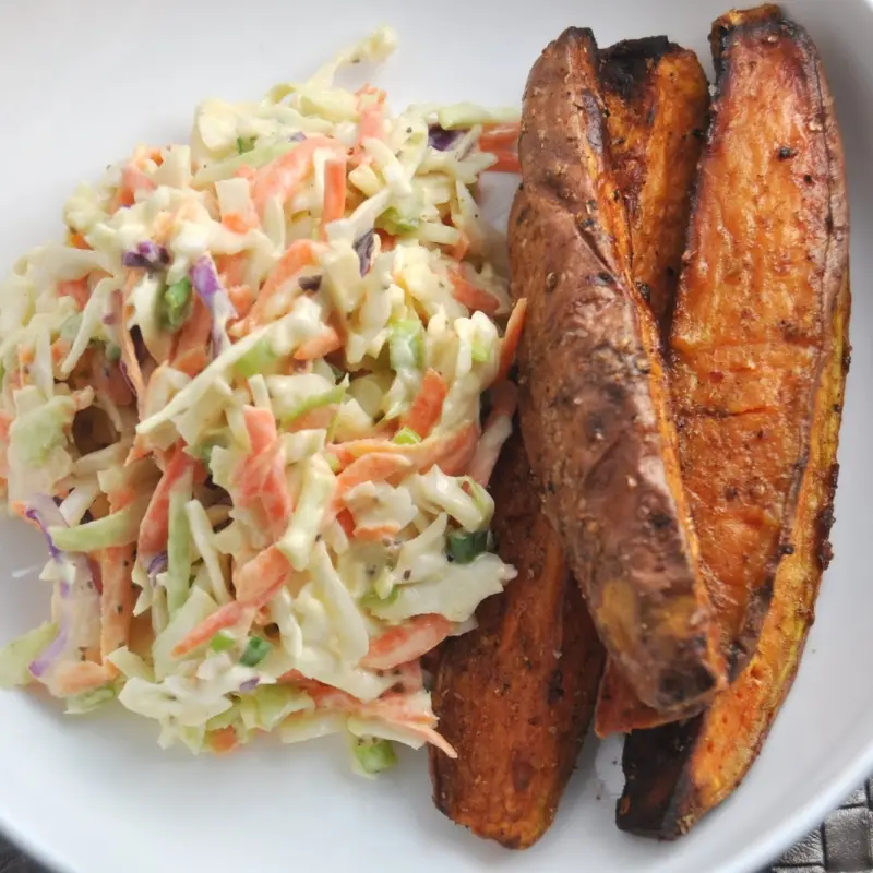 Roasted Spiced Sweet Potatoes and Classic Creamy Coleslaw