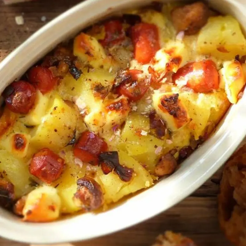 Potato Gratin with Sausages and Mushrooms