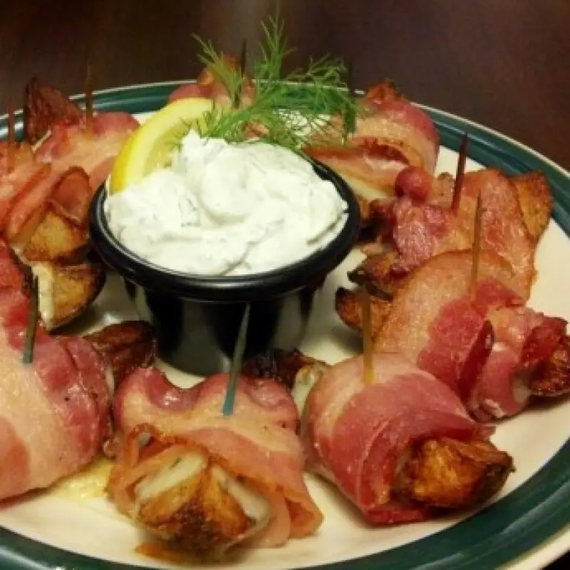 Bacon-Wrapped Potato Wedges with Creamy Dill Dip