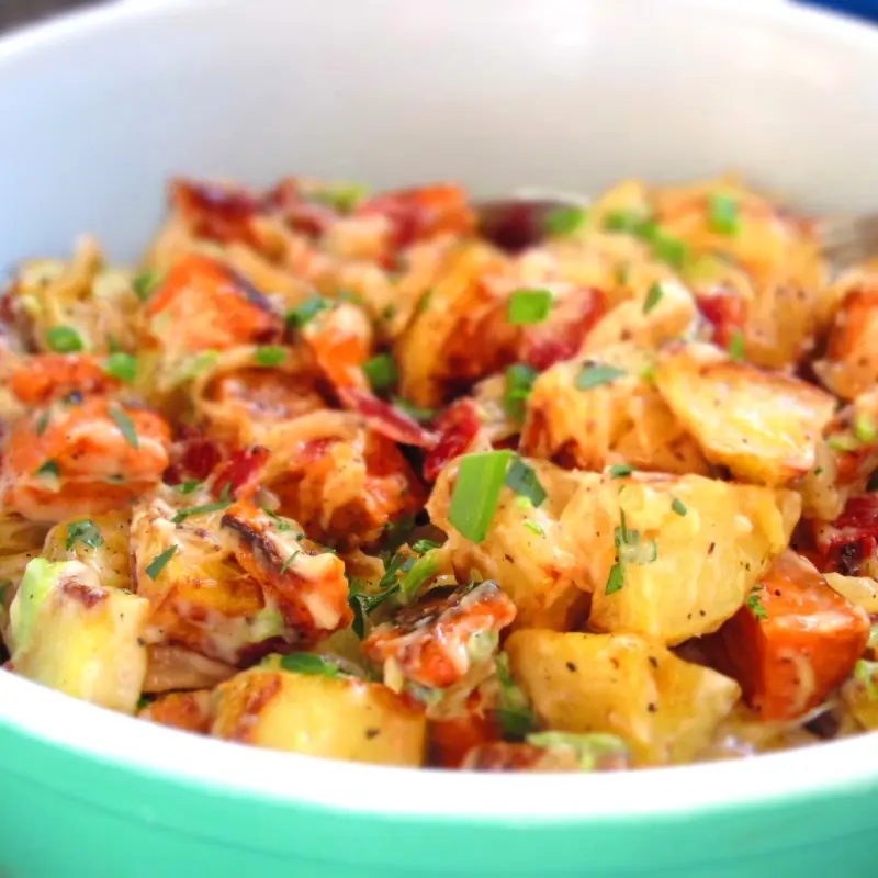 Roasted Garlic Potato Salad with Bacon and Green Onions