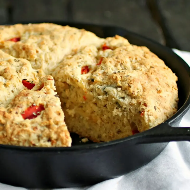 Cheesy Roasted Red Pepper Skillet Soda Bread