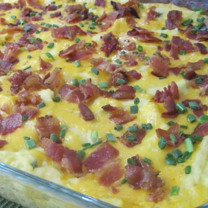 Mashed Potato Casserole with Bacon, Cheese and Chives