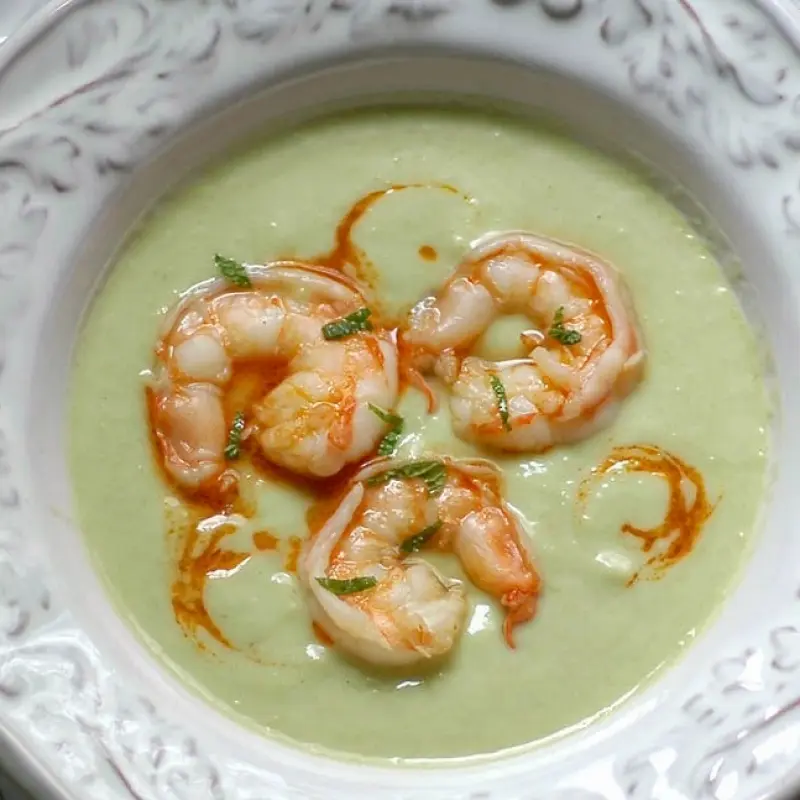 Cucumber-Avocado Soup with Spicy Shrimp Sauce
