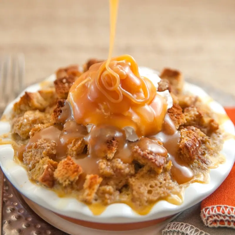 Pumpkin Bread Pudding with Caramel Sauce
