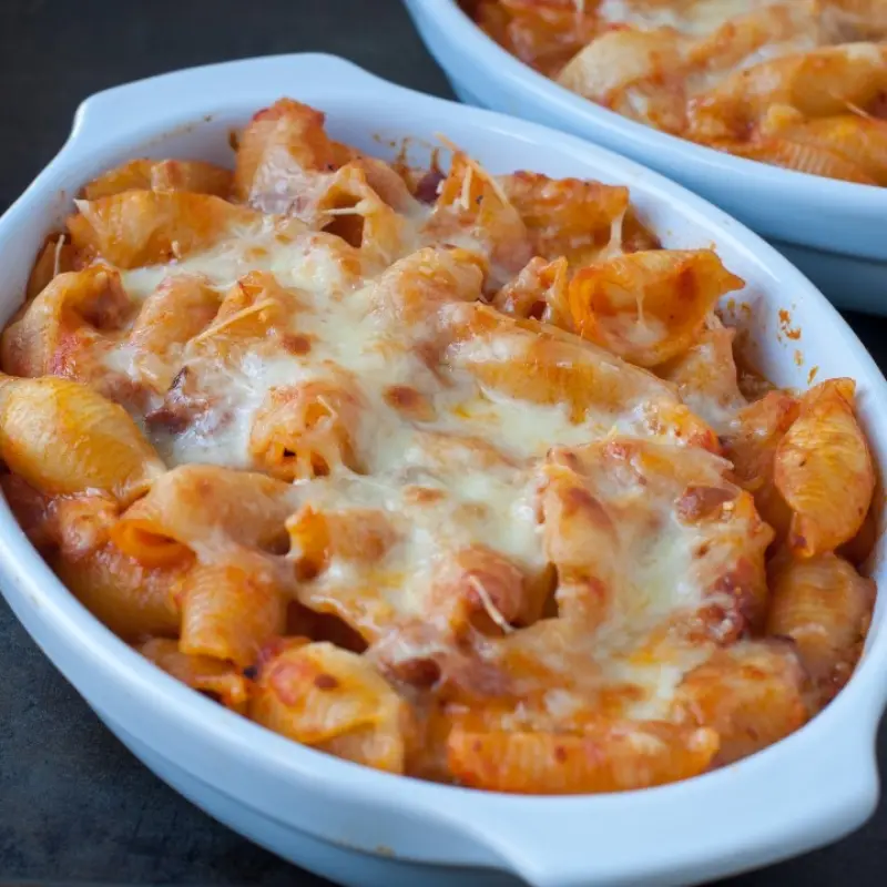 Pasta Bake With Pancetta, Tomato Sauce And Mozzarella