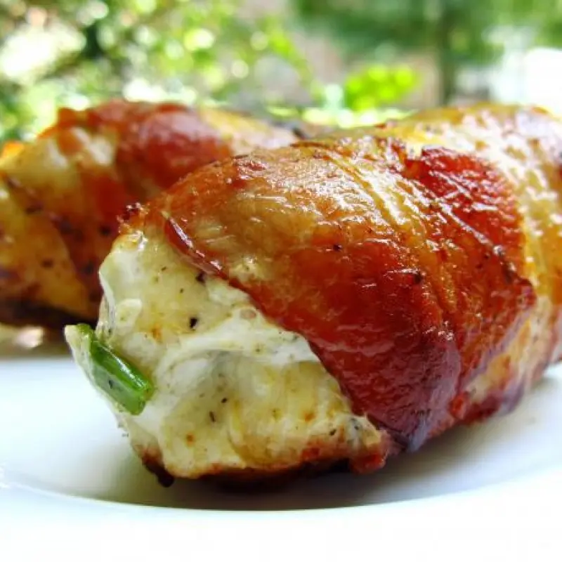 Bacon Wrapped, Cream Cheese Stuffed Chicken Breasts