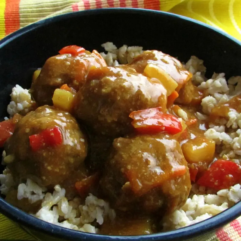 Hawaiian Sweet & Sour Meatball and Coconut Brown Rice Bowls