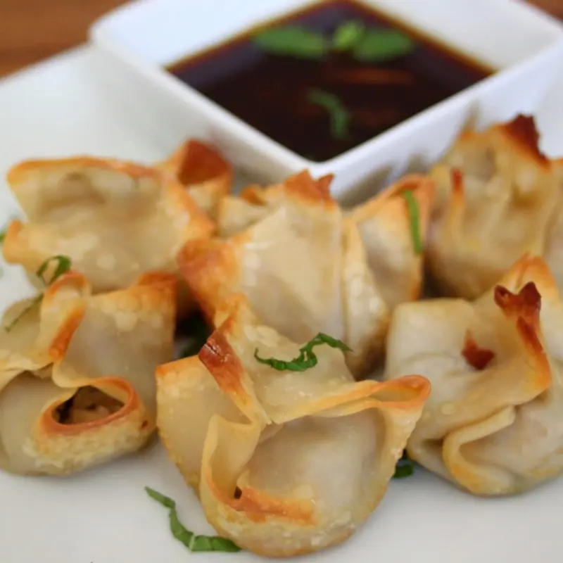 Chicken Sausage Wontons with Sriracha Orange Soy Sauce