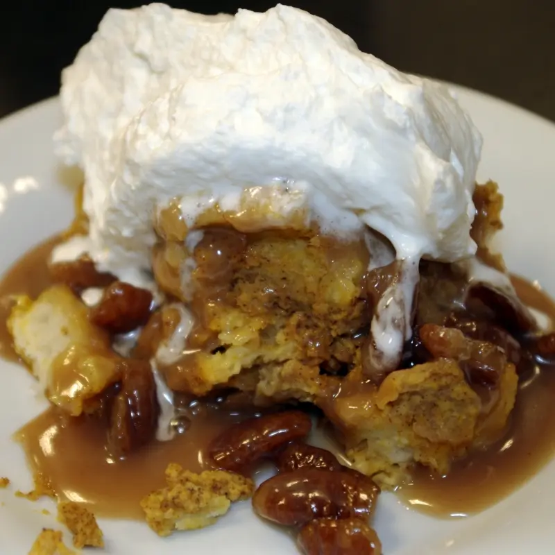 Pumpkin Bread Pudding with Maple Pecan Caramel Sauce and Bourbon Cream