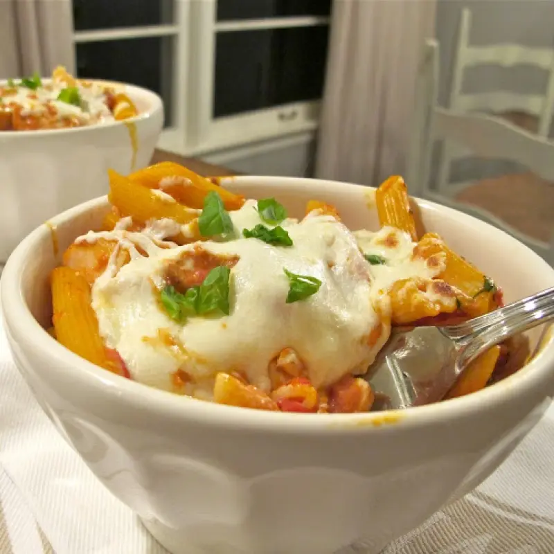 Baked Penne Pasta with Roasted Chicken in Tomato Cream Sauce