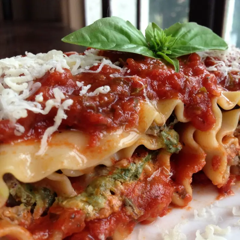 Spinach & Mushroom Lasagna Rolls with Feta & Homemade Ricotta Smothered in Marinara Sauce
