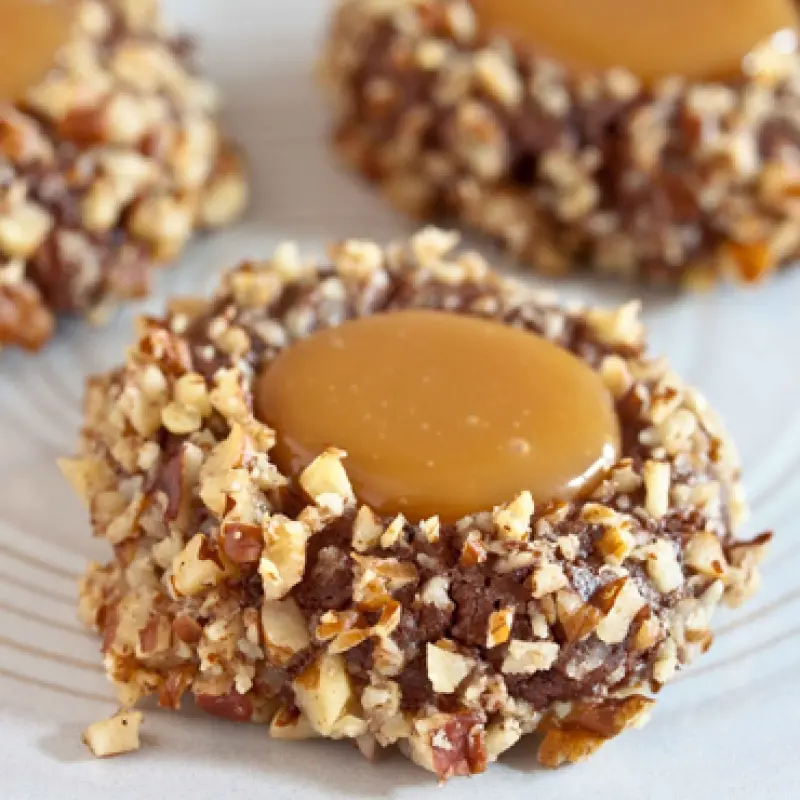Caramel and Chocolate Turtle Thumbprint Cookies